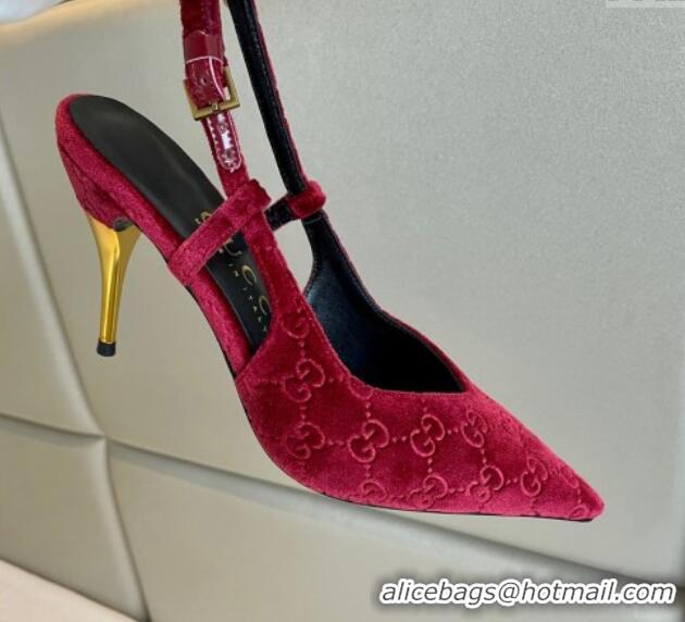 Grade Gucci GG Velvet Slingback Pumps 8.5cm with Gold-Tone Heel Red 1119053