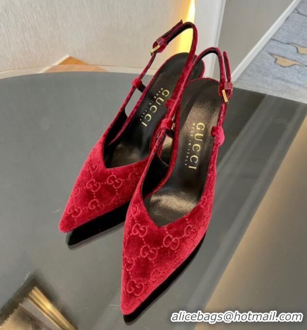 Grade Gucci GG Velvet Slingback Pumps 8.5cm with Gold-Tone Heel Red 1119053