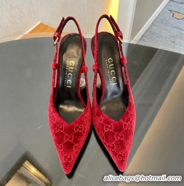 Grade Gucci GG Velvet Slingback Pumps 8.5cm with Gold-Tone Heel Red 1119053