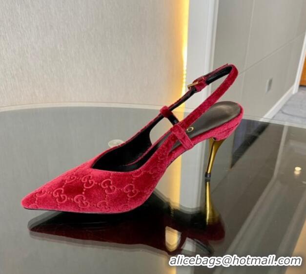 Grade Gucci GG Velvet Slingback Pumps 8.5cm with Gold-Tone Heel Red 1119053