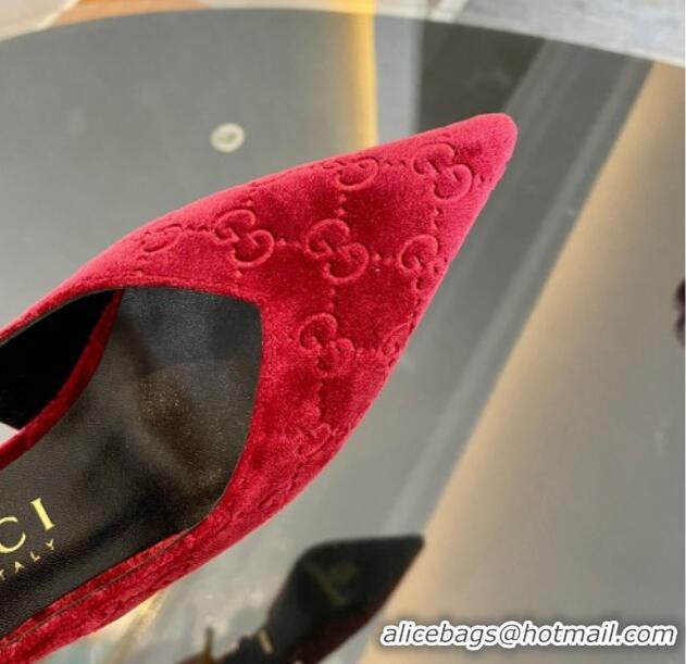 Grade Gucci GG Velvet Slingback Pumps 8.5cm with Gold-Tone Heel Red 1119053