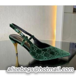 Good Quality Gucci GG Velvet Slingback Pumps 8.5cm with Gold-Tone Heel Green 1119054