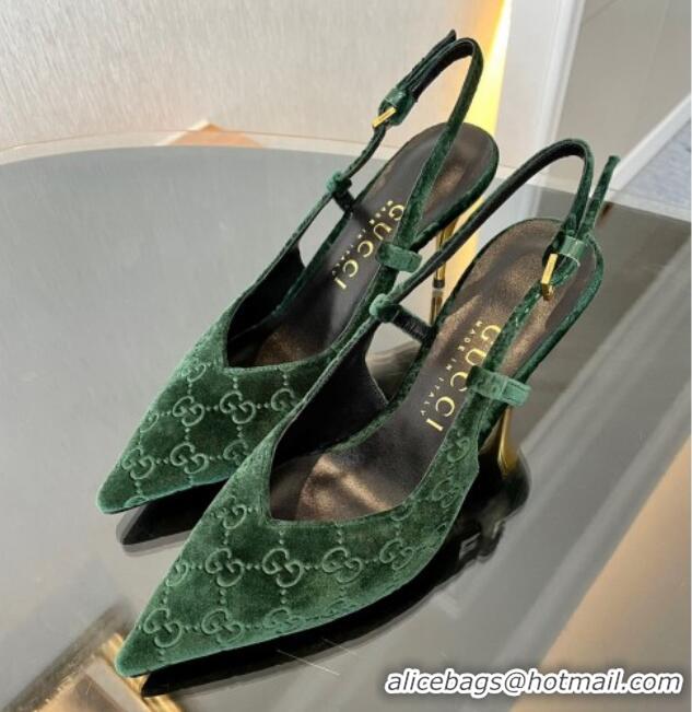 Good Quality Gucci GG Velvet Slingback Pumps 8.5cm with Gold-Tone Heel Green 1119054