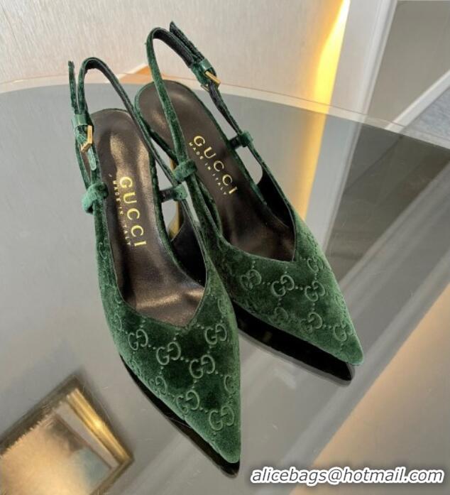 Good Quality Gucci GG Velvet Slingback Pumps 8.5cm with Gold-Tone Heel Green 1119054