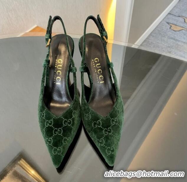 Good Quality Gucci GG Velvet Slingback Pumps 8.5cm with Gold-Tone Heel Green 1119054