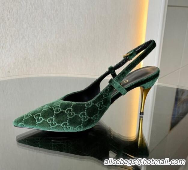 Good Quality Gucci GG Velvet Slingback Pumps 8.5cm with Gold-Tone Heel Green 1119054