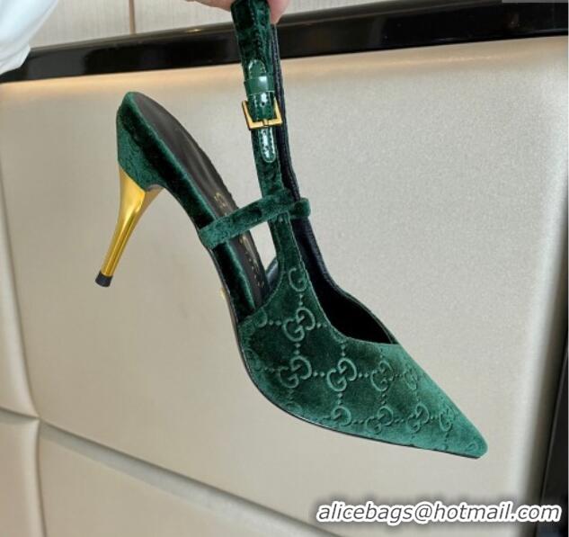 Good Quality Gucci GG Velvet Slingback Pumps 8.5cm with Gold-Tone Heel Green 1119054