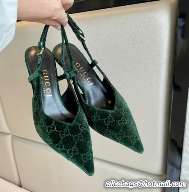 Good Quality Gucci GG Velvet Slingback Pumps 8.5cm with Gold-Tone Heel Green 1119054