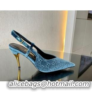 Sumptuous Gucci GG Velvet Slingback Pumps 8.5cm with Gold-Tone Heel Blue 119055