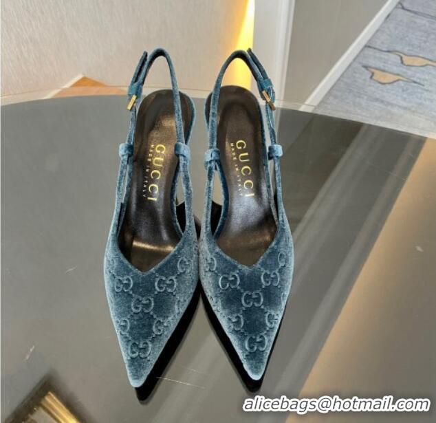 Sumptuous Gucci GG Velvet Slingback Pumps 8.5cm with Gold-Tone Heel Blue 119055