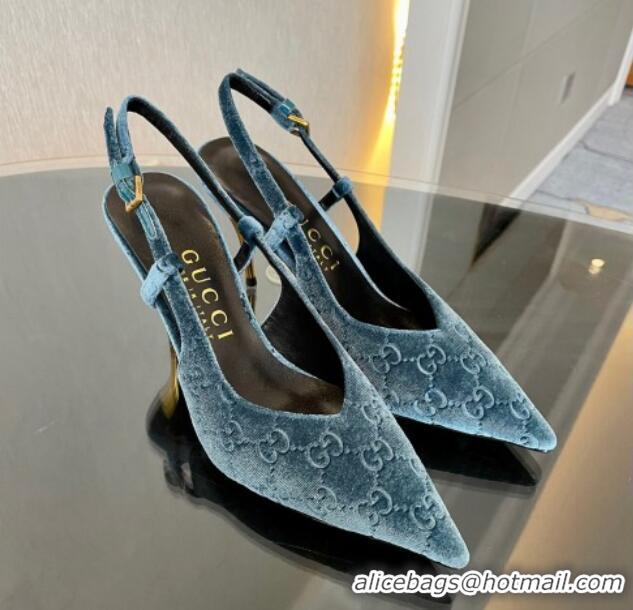 Sumptuous Gucci GG Velvet Slingback Pumps 8.5cm with Gold-Tone Heel Blue 119055