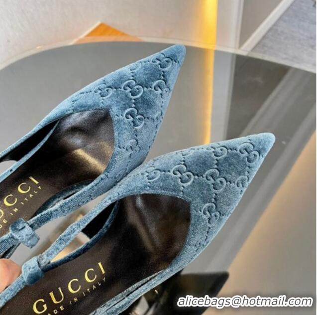 Sumptuous Gucci GG Velvet Slingback Pumps 8.5cm with Gold-Tone Heel Blue 119055