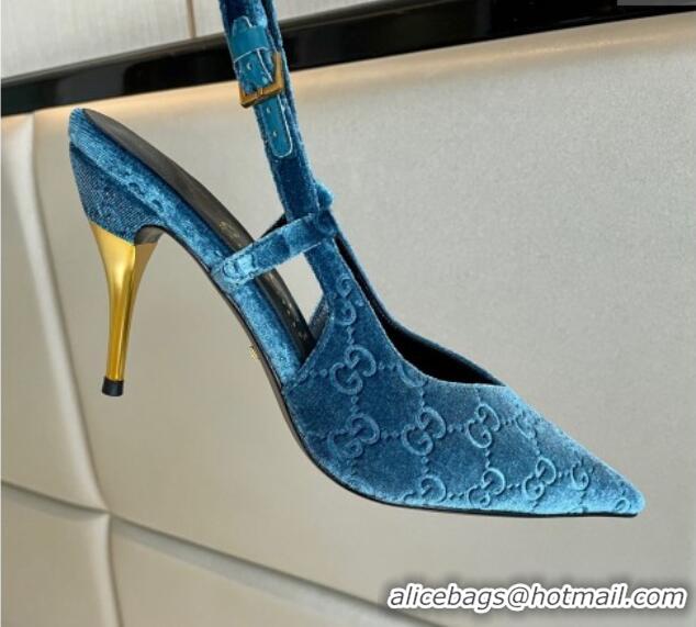 Sumptuous Gucci GG Velvet Slingback Pumps 8.5cm with Gold-Tone Heel Blue 119055