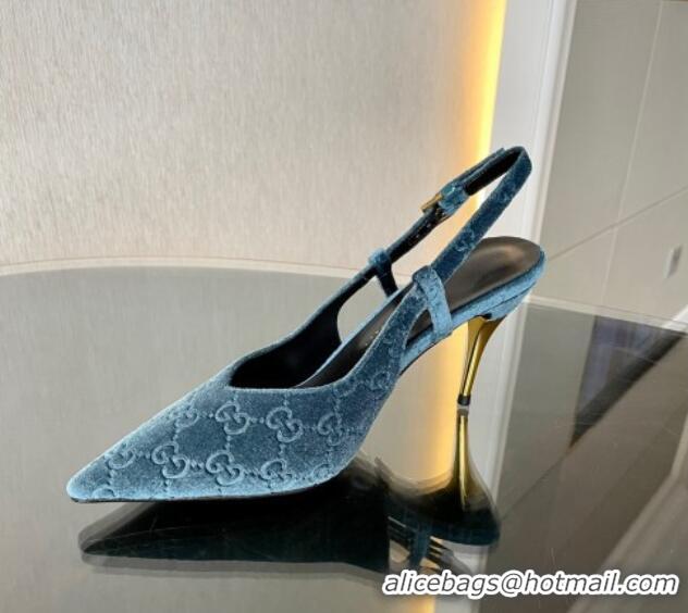 Sumptuous Gucci GG Velvet Slingback Pumps 8.5cm with Gold-Tone Heel Blue 119055