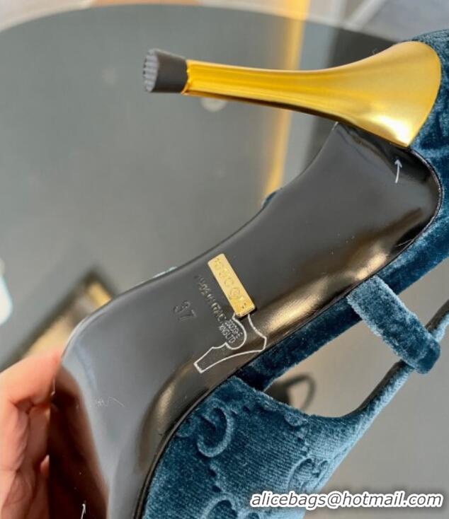 Sumptuous Gucci GG Velvet Slingback Pumps 8.5cm with Gold-Tone Heel Blue 119055