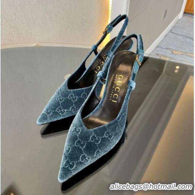 Sumptuous Gucci GG Velvet Slingback Pumps 8.5cm with Gold-Tone Heel Blue 119055