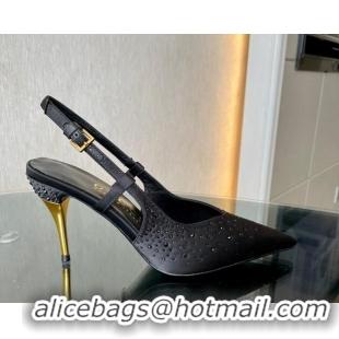 Hot Style Gucci Satin Slingback Pumps 8.5cm with Gold-Tone Heel and Strass Black 1119056