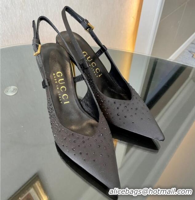 Hot Style Gucci Satin Slingback Pumps 8.5cm with Gold-Tone Heel and Strass Black 1119056