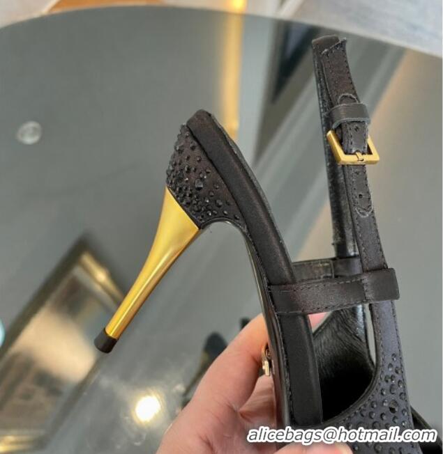 Hot Style Gucci Satin Slingback Pumps 8.5cm with Gold-Tone Heel and Strass Black 1119056