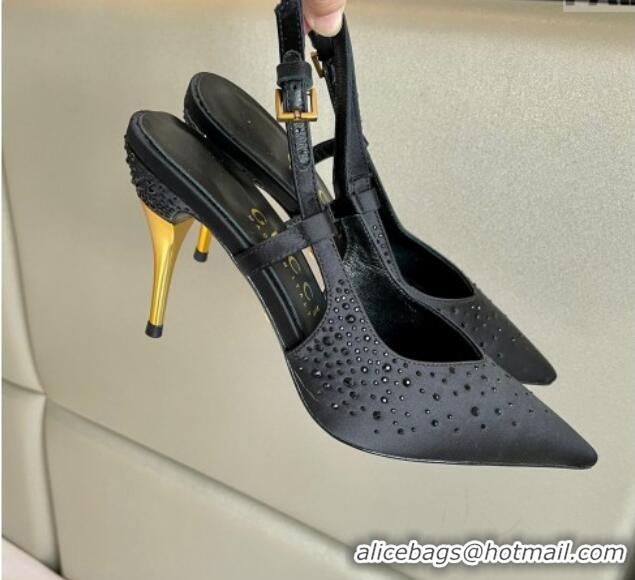 Hot Style Gucci Satin Slingback Pumps 8.5cm with Gold-Tone Heel and Strass Black 1119056