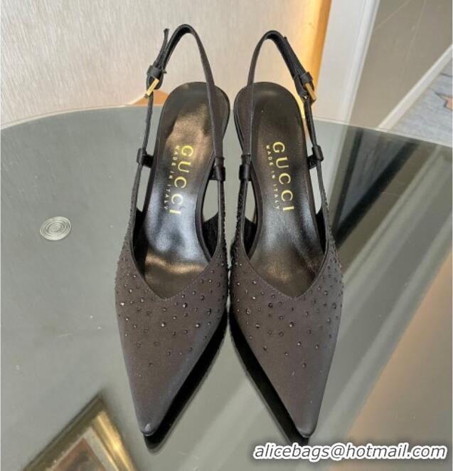 Hot Style Gucci Satin Slingback Pumps 8.5cm with Gold-Tone Heel and Strass Black 1119056