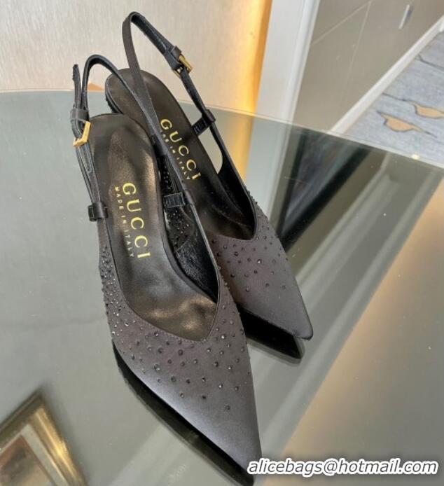 Hot Style Gucci Satin Slingback Pumps 8.5cm with Gold-Tone Heel and Strass Black 1119056