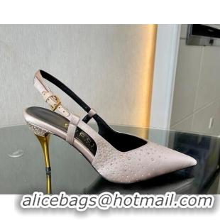 Perfect Gucci Satin Slingback Pumps 8.5cm with Gold-Tone Heel and Strass Light Pink 119057