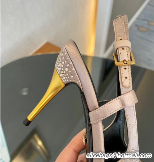 Perfect Gucci Satin Slingback Pumps 8.5cm with Gold-Tone Heel and Strass Light Pink 119057