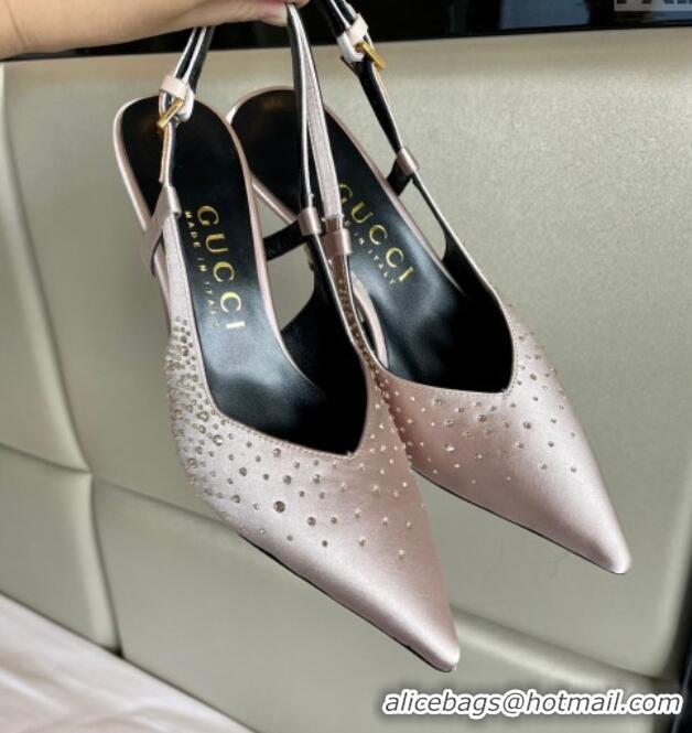 Perfect Gucci Satin Slingback Pumps 8.5cm with Gold-Tone Heel and Strass Light Pink 119057