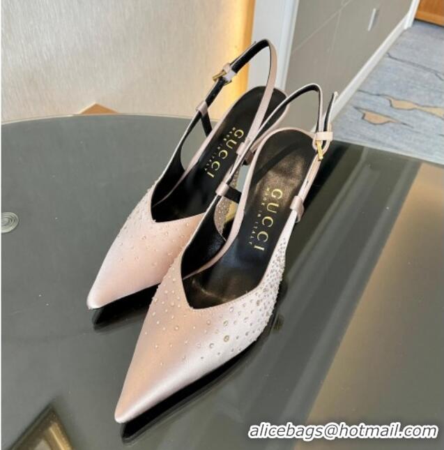 Perfect Gucci Satin Slingback Pumps 8.5cm with Gold-Tone Heel and Strass Light Pink 119057