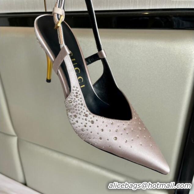 Perfect Gucci Satin Slingback Pumps 8.5cm with Gold-Tone Heel and Strass Light Pink 119057