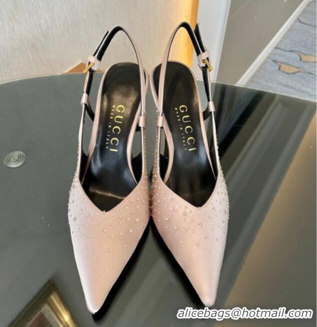 Perfect Gucci Satin Slingback Pumps 8.5cm with Gold-Tone Heel and Strass Light Pink 119057