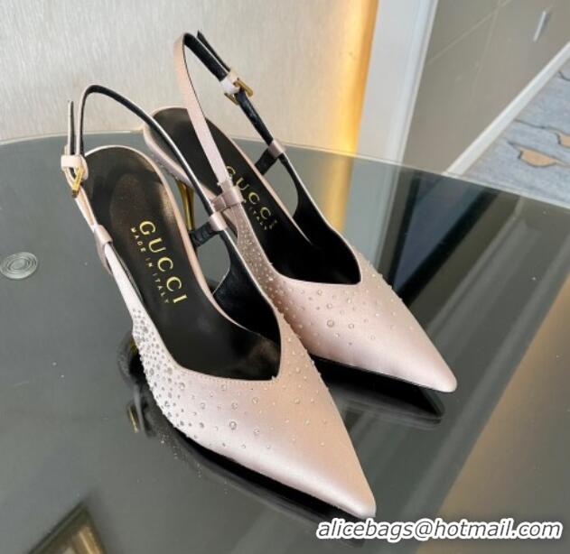 Perfect Gucci Satin Slingback Pumps 8.5cm with Gold-Tone Heel and Strass Light Pink 119057