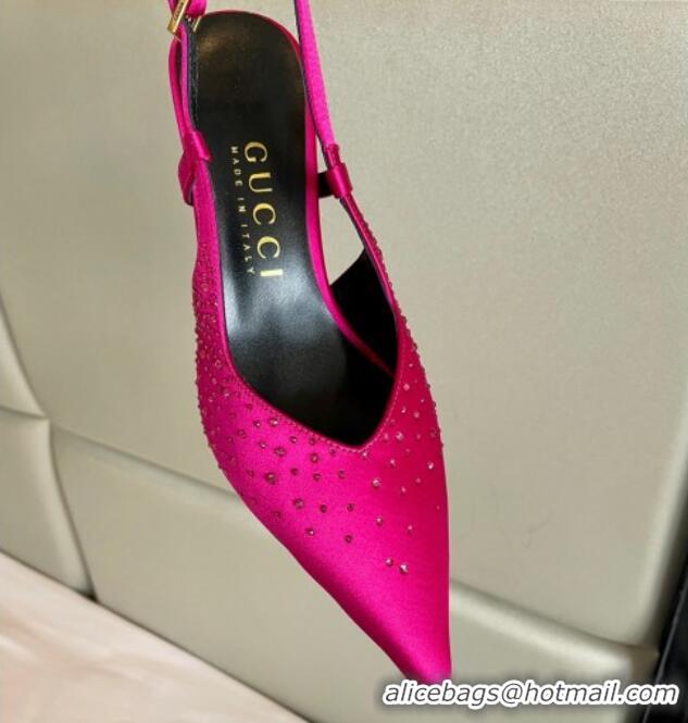 Purchase Gucci Satin Slingback Pumps 8.5cm with Gold-Tone Heel and Strass Dark Pink 1119058