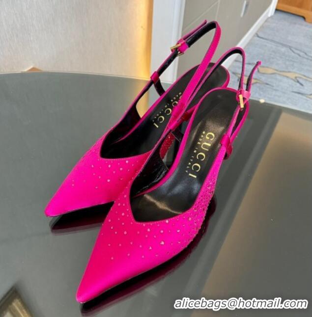 Purchase Gucci Satin Slingback Pumps 8.5cm with Gold-Tone Heel and Strass Dark Pink 1119058