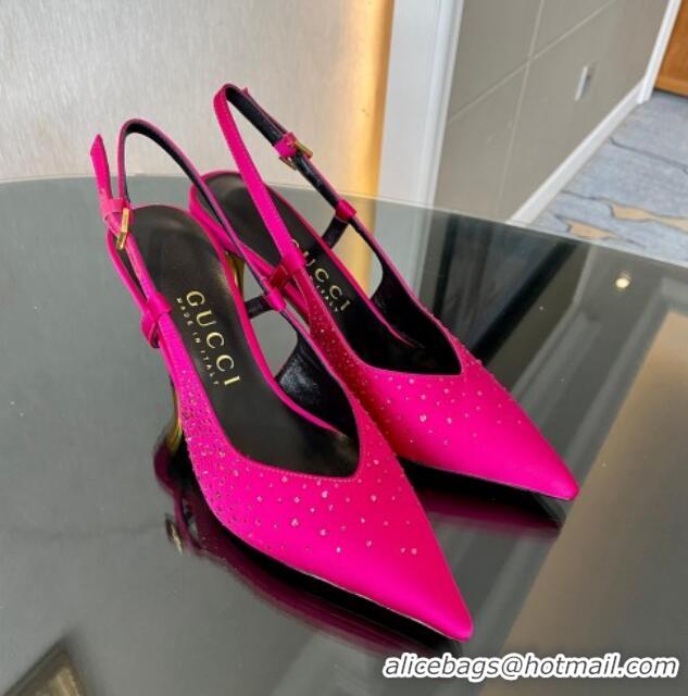 Purchase Gucci Satin Slingback Pumps 8.5cm with Gold-Tone Heel and Strass Dark Pink 1119058