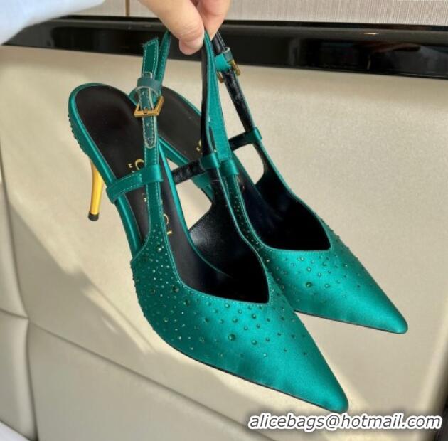 Shop Cheap Gucci Satin Slingback Pumps 8.5cm with Gold-Tone Heel and Strass Green 1119059