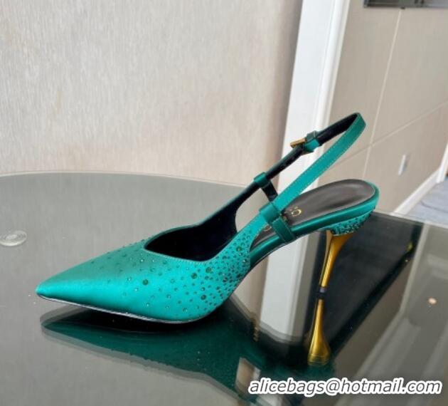 Shop Cheap Gucci Satin Slingback Pumps 8.5cm with Gold-Tone Heel and Strass Green 1119059