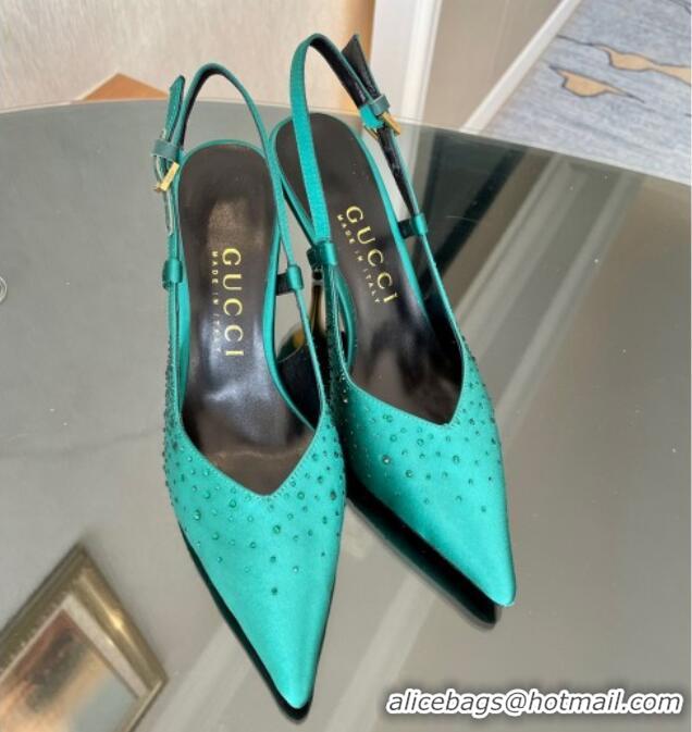 Shop Cheap Gucci Satin Slingback Pumps 8.5cm with Gold-Tone Heel and Strass Green 1119059