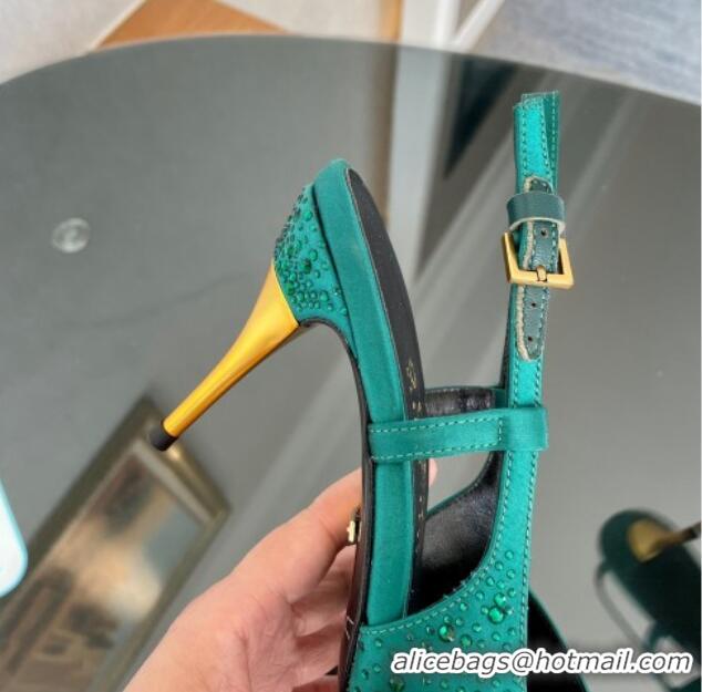 Shop Cheap Gucci Satin Slingback Pumps 8.5cm with Gold-Tone Heel and Strass Green 1119059