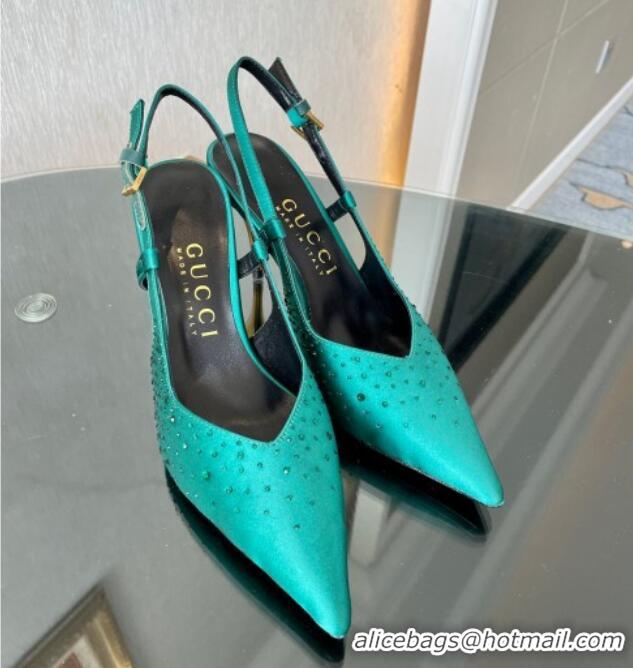 Shop Cheap Gucci Satin Slingback Pumps 8.5cm with Gold-Tone Heel and Strass Green 1119059