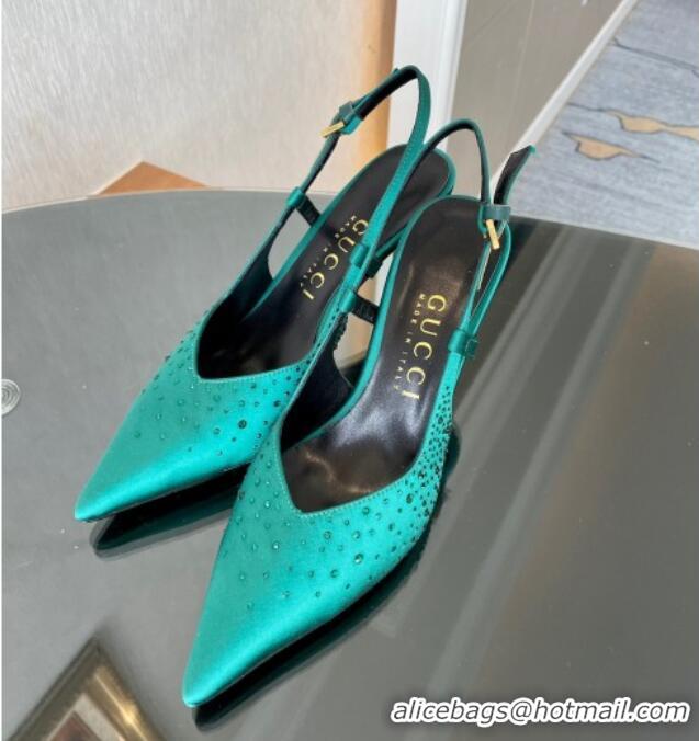 Shop Cheap Gucci Satin Slingback Pumps 8.5cm with Gold-Tone Heel and Strass Green 1119059