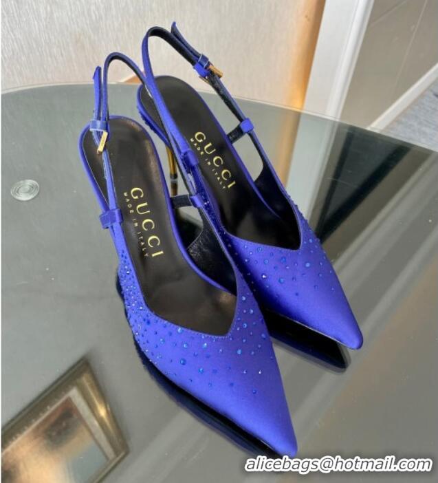 Best Grade Gucci Satin Slingback Pumps 8.5cm with Gold-Tone Heel and Strass Blue 1119060