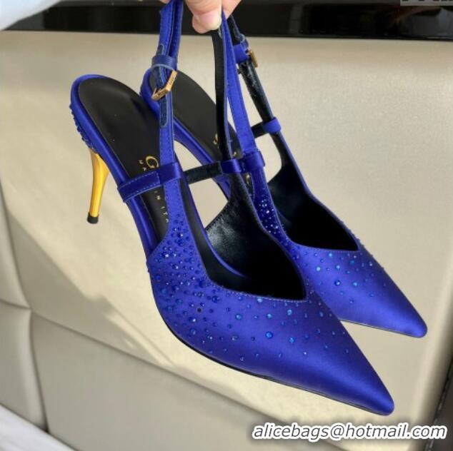 Best Grade Gucci Satin Slingback Pumps 8.5cm with Gold-Tone Heel and Strass Blue 1119060