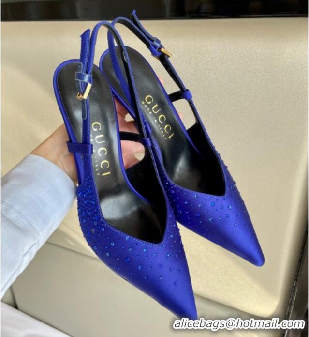 Best Grade Gucci Satin Slingback Pumps 8.5cm with Gold-Tone Heel and Strass Blue 1119060