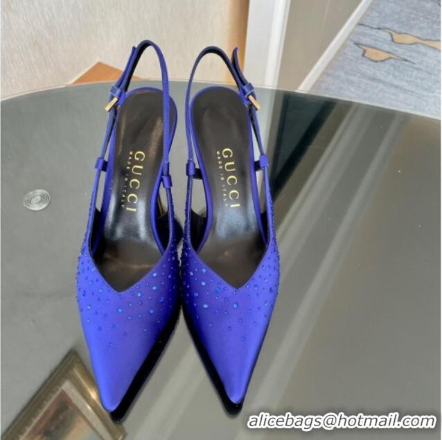 Best Grade Gucci Satin Slingback Pumps 8.5cm with Gold-Tone Heel and Strass Blue 1119060