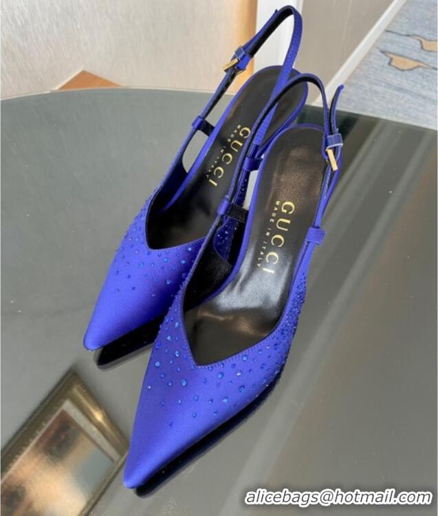 Best Grade Gucci Satin Slingback Pumps 8.5cm with Gold-Tone Heel and Strass Blue 1119060