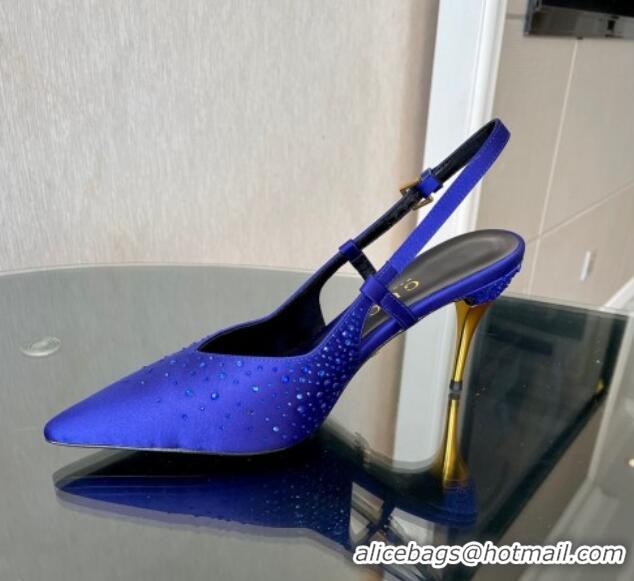 Best Grade Gucci Satin Slingback Pumps 8.5cm with Gold-Tone Heel and Strass Blue 1119060