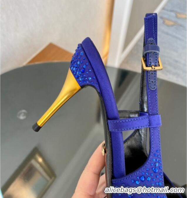 Best Grade Gucci Satin Slingback Pumps 8.5cm with Gold-Tone Heel and Strass Blue 1119060