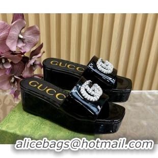 Crafted Gucci Patent Calf Leather Platform Slide Sandals 6.5cm Black 1119061